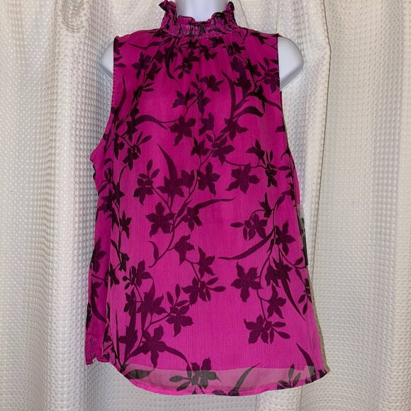 Vince Camuto Floral Print Smocked Neck Blouse – Size L – Pink Shock - Picture 1 of 10